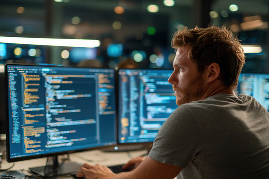 Developer coding late at night in a well-lit workspace with multiple screens