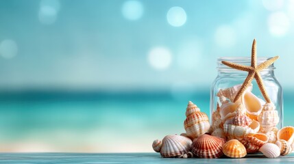 A jar filled with vibrant seashells and a starfish beautifully captures the essence of summer, evoking memories of beach vacations and the ocean’s soothing essence.
