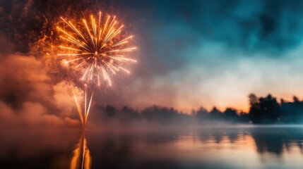 This beautiful image depicts vibrant fireworks exploding in the night sky, their reflections shimmering on tranquil waters, capturing the essence of celebration and joy.