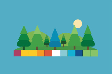 Winter snow landscape with a Christmas tree, village houses, and green forest mountains under a holiday sky