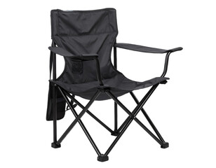 Portable black camping chair for outdoor use.