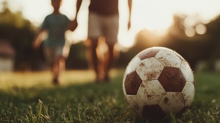 A heartwarming scene of a father and child walking hand-in-hand with a soccer ball resting in the grass, capturing the essence of family moments and outdoor playtime.