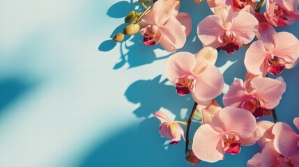 Light pink exotic orchids on the blue background