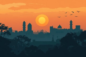 Naklejka premium minimalist poster flat design by Chennai, India at dusk 