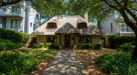 Idyllic Thatched Roof Home Blending Tradition With Modern Surroundings on Sunny Day