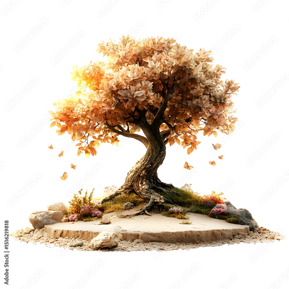Poster a beautifully rendered 3d tree with a vibrant autumn palette its branches adorned with shimmering cr