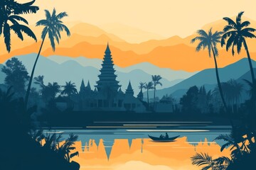 minimalist poster flat design Chiang Rai, Thailand at dusk
