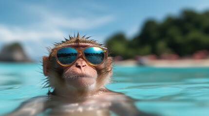 Naklejka premium A playful monkey floats in blue water, wearing stylish sunglasses, perfectly capturing the joyous essence of summer fun and carefree leisure in a tropical paradise.