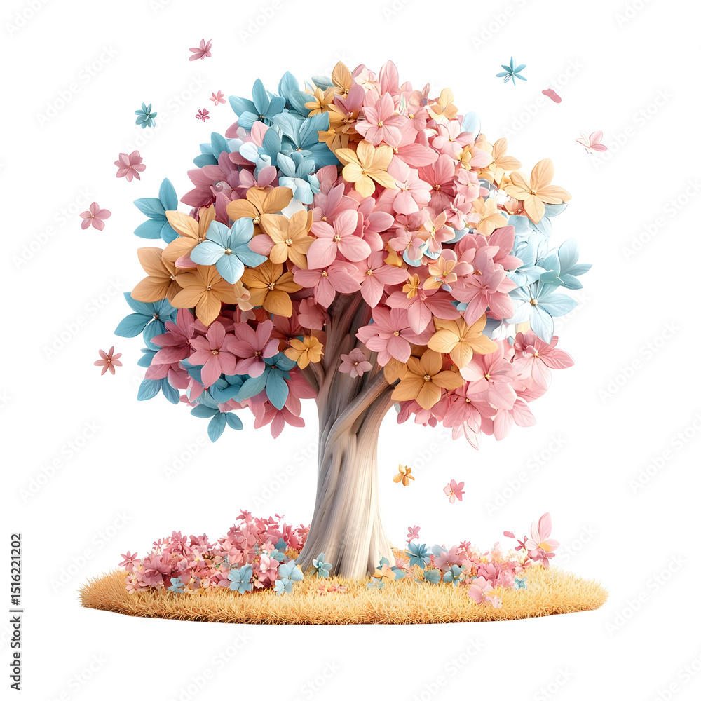 Aufkleber A 3D rendered tree with a lush multicolored canopy of leaves shaped like shimmering stars symbolizing growth optimism and a sense of wonder