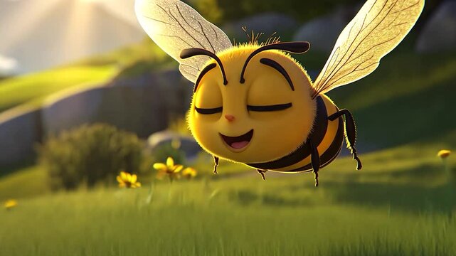 Animated bee in flight over a grassy field with flowers