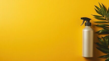 A minimalist spray bottle beside a fresh green leaf against a vibrant yellow background, emphasizing simplicity and eco-friendliness in product design and usage.