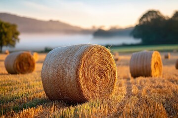 Misty morning reveals scattered hay bales across a tranquil field at sunrise