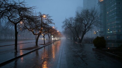 Foggy City Street with Wet Pavement and Bare Trees