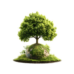 A serene and conceptual 3D rendered image depicting a lush flourishing tree growing atop a floating globe symbolizing the interconnectedness of humanity and the environment