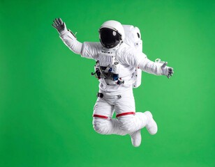 Astronaut jumping against green background