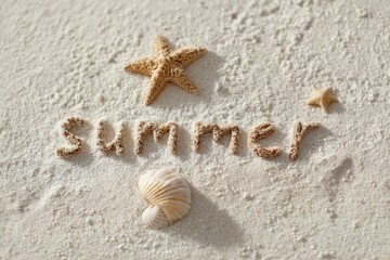 Fototapeta premium Summer written in the sand among shells
