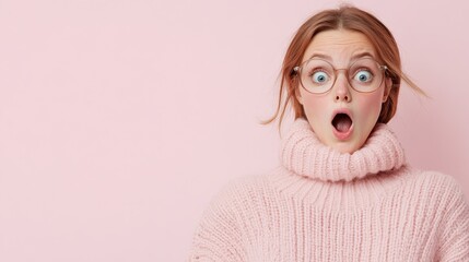 A surprised young woman with glasses wearing a cozy pink sweater stands against a soft pink background, capturing a moment of genuine astonishment or excitement.