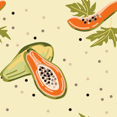 Papaya pattern on yellow background with green leaves , full fruit and slices in watercolor style. Could be used as print for card, fabric, textile, wallpaper, ribbon, texture, wrapping paper.