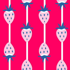 Seamless pattern with pink strawberries and dark blue  leaves on pink background with white stripes. Could be used as print for card, fabric, textile, wallpaper, ribbon, texture, wrapping paper.