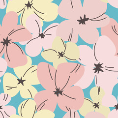 Seamless floral pattern with pastel yellow and pink flowers with brown lines on blue background. Could be used as print for card, fabric, textile, wallpaper, ribbon, texture, wrapping paper.