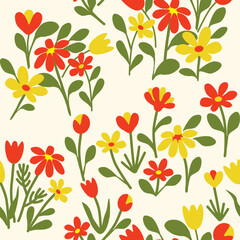 Seamless floral pattern with yellow and red flowers and green leaves, on almost white background. Could be used as print for card, fabric, textile, wallpaper, ribbon, texture, wrapping paper.