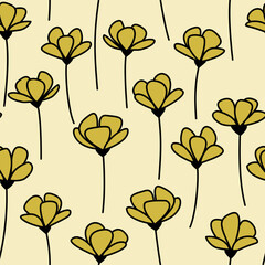 Seamless floral pattern with yellow flowers with black outline  on yellow background, 3 colors. Could be used as print for card, fabric, textile, wallpaper, ribbon, texture, wrapping paper.