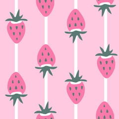 Seamless pattern with pink strawberries and green leaves on pink background with white stripes. Could be used as print for card, fabric, textile, wallpaper, ribbon, texture, wrapping paper.