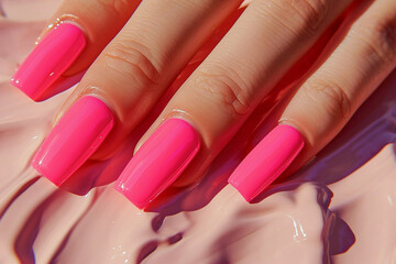 Pink nails mockup. Manicure closeup. Woman pink nail close-up. Nail care in beauty salon. Spa healthy treatments for female hands. Fashion bright summer trendy manicure.