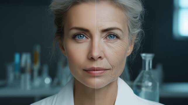 A woman in a laboratory setting demonstrates the impact of technology on youth, showcasing her innovative approach to scientific research. The environment is equipped with modern lab equipment.