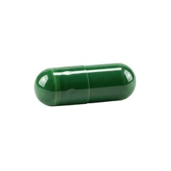 Single green capsule pill isolated on white background