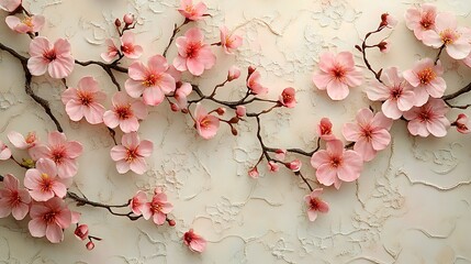 Elegant cherry blossom branches with pink flowers on a textured beige background