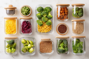 Healthy meal prep containers arranged with fresh vegetables and grains for easy cooking