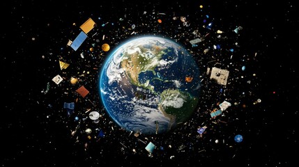 3D space view showing Earth surrounded by space debris from satellites and ships, highlighting orbital pollution. 