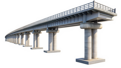 A modern elevated bridge showcases a sleek, industrial design with reinforced concrete pillars. The structure's long, curving pathway leads into the distance, emphasizing strength and stability.
