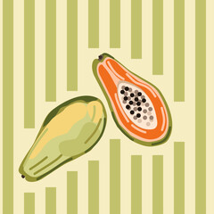 Papaya pattern on yellow background with green stripes, full fruit and slices in watercolor style. Could be used as print for card, fabric, textile, wallpaper, ribbon, texture, wrapping paper.
