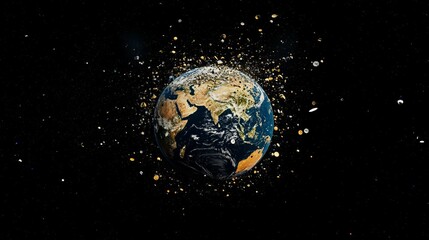 3D space view showing Earth surrounded by space debris from satellites and ships, highlighting orbital pollution. 