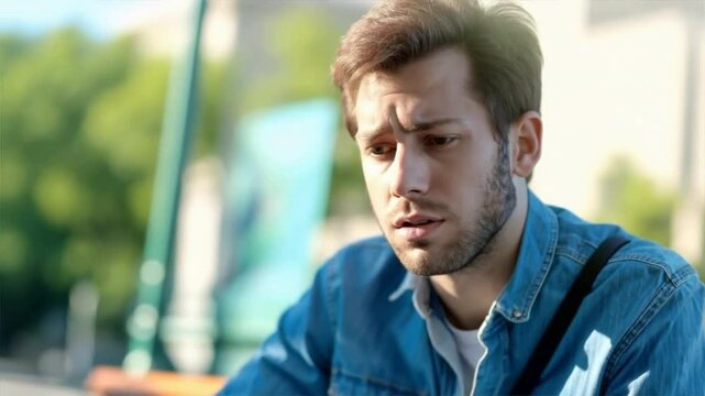 Young man in denim jacket sitting on bench, looking into empty wallet. Concept of finance, budgeting, expenses, and financial planning.