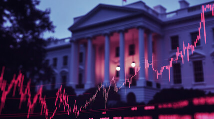 Close up of a stock market chart going down with the White House in the background, featuring red and blue colors and an American flag with a blurry White House background