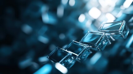 This captivating image features translucent blue glass blocks arranged artistically, illuminated by bright light, creating an abstract and modern aesthetic that inspires creativity.
