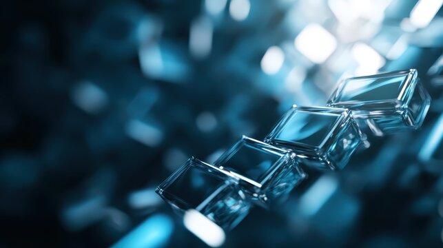 This captivating image features translucent blue glass blocks arranged artistically, illuminated by bright light, creating an abstract and modern aesthetic that inspires creativity.