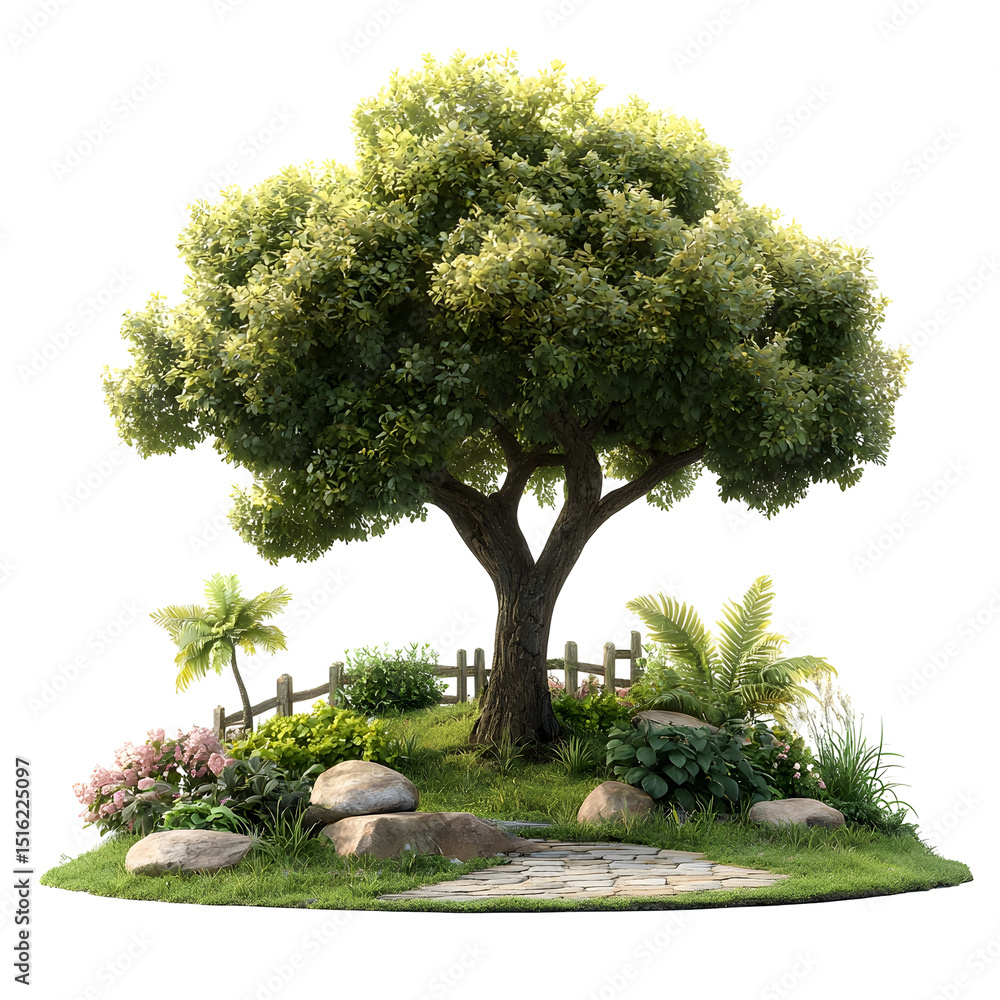 Poster a verdant tree with dense foliage stands in a well manicured garden surrounded by a low fence and a 