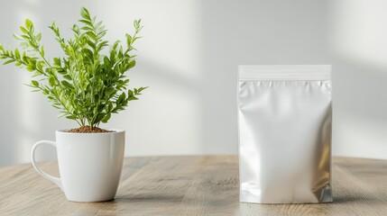 A minimalist scene featuring a green plant and a sleek silver pouch on a wooden table, highlighting simplicity and modern design aesthetics in an indoor environment.