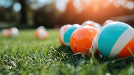 A vibrant collection of beach balls scattered across a sunlit green grass field, evoking feelings of summer fun, leisure, and outdoor activities.