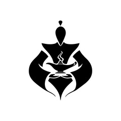 a solid black logo of a magical genie with his arms crossed coming out a magic lamp against a white background