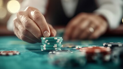 A close-up view of colored poker chips being stacked on a green felt table, encapsulating the thrill of gambling and the excitement of nightlife in a casino setting.