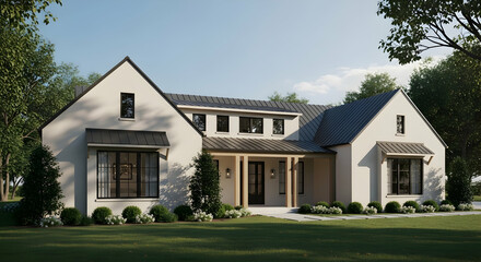 Elegant Farmhouse Exterior Showcasing Design Symmetry and Landscape Integration