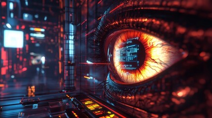 3D futuristic eye interface with scaffolding visuals shows a high-tech digital vision system.