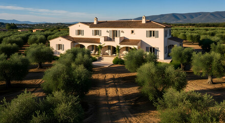 Obraz premium Elegant Estate Surrounded By Olive Groves Under A Blue Sky On Sunny Day