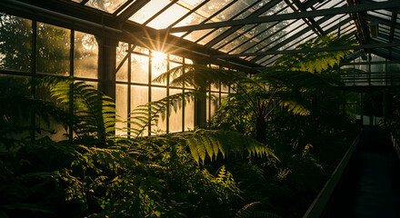 Botanical Paradise Lush Greenhouse Interior at Sunrise or Sunset