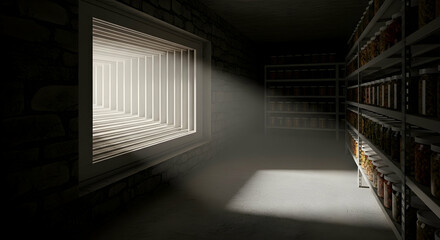 Obraz premium Interior View Of A Pantry With Shelves Stocked With Food Under Low Light